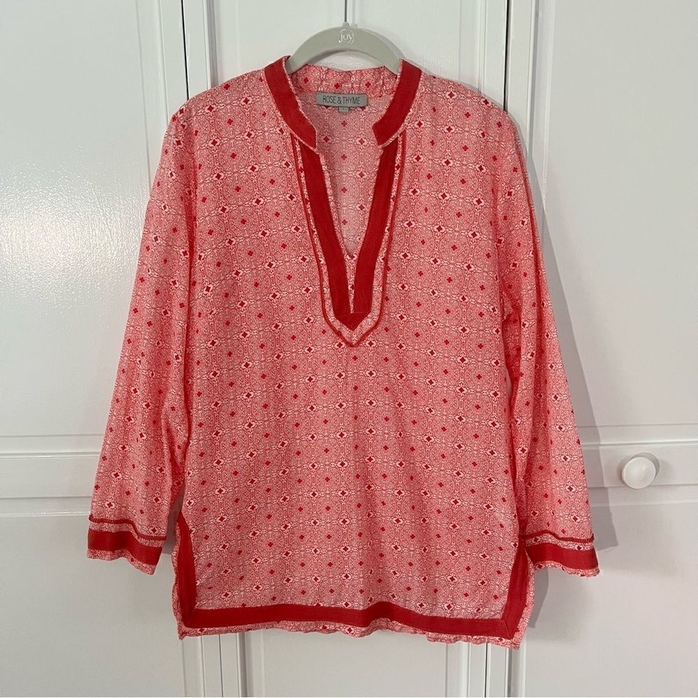 Rose & Thyme Long Sleeve Mosaic Peasant Tunic Pink and White Size Large